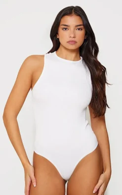 White Structured Contour Racer Neck Ribbed Bodysuit