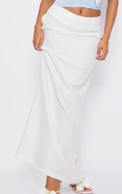 White Structured Linen Look Belt Loop Detail Maxi Skirt