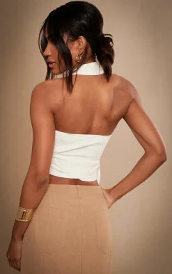 White Structured Linen Look Pleated Halter Crop Top