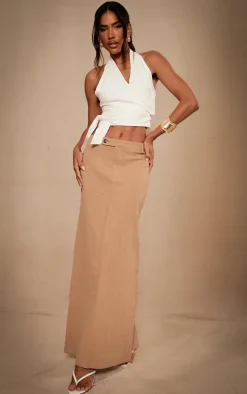 White Structured Linen Look Pleated Halter Crop Top
