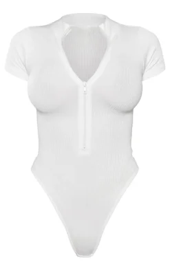 White Structured Snatched Ribbed Zip Front Short Sleeve Bodysuit