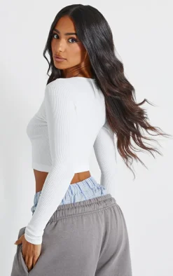 White Structured Snatched Ribbed Round Neck Long Sleeve Crop Top