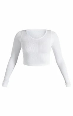 White Structured Snatched Ribbed Round Neck Long Sleeve Crop Top