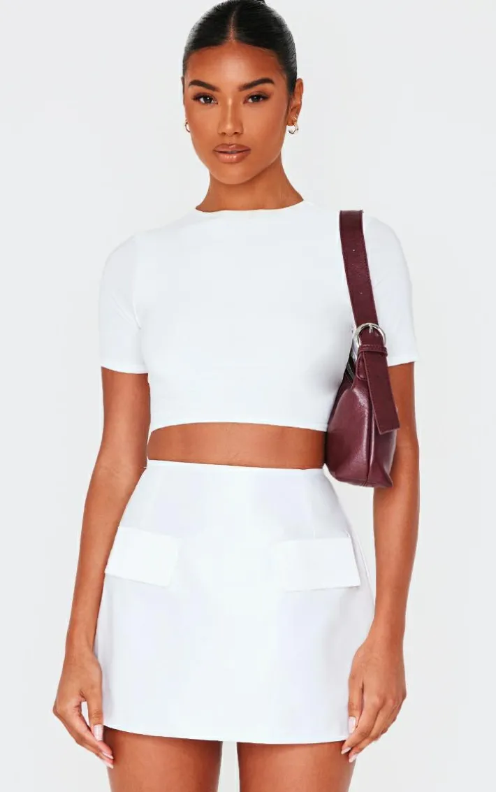 White Structured Woven Pocket A Line Skirt