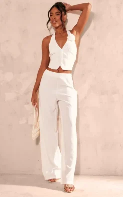 White Tailored Mid Rise Wide Leg Pants