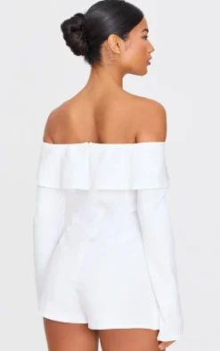 White Tailored Off The Shoulder Long Sleeve Romper