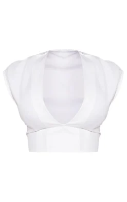 White Tailored Woven Plunge Cap Sleeve Top
