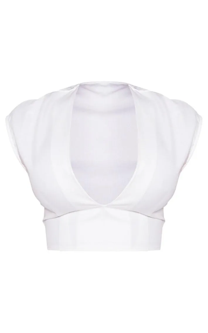 White Tailored Woven Plunge Cap Sleeve Top