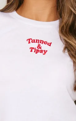 White Tanned And Tipsy Embroidered Fitted T Shirt