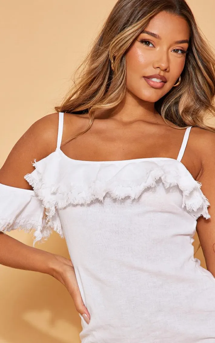 White Textured Asymmetric Strap Bodycon Dress