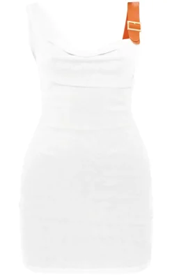 White Textured Buckle Shoulder Bodycon Dress