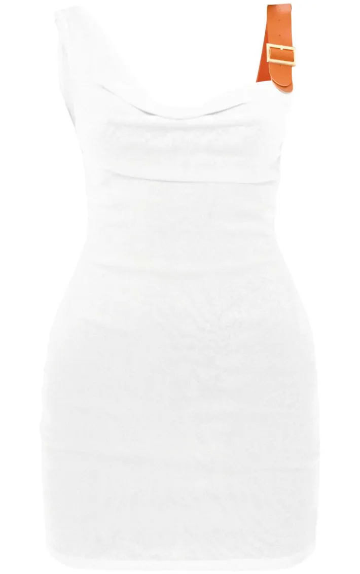 White Textured Buckle Shoulder Bodycon Dress