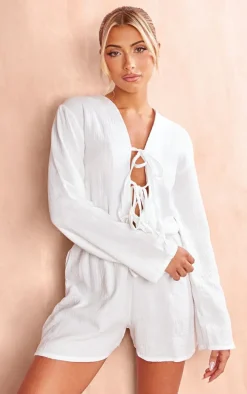 White Textured Cheescloth Tie Front Romper