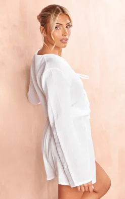 White Textured Cheescloth Tie Front Romper