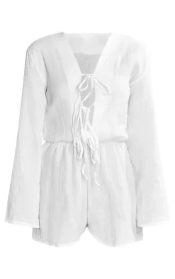 White Textured Cheescloth Tie Front Romper