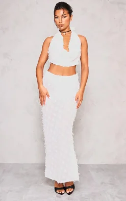 White Textured Chiffon Extreme Cowl Neck Crop Top