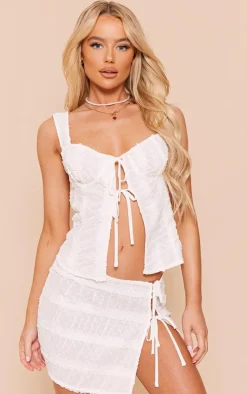 White Textured Chiffon Frill Tie Front Long Top