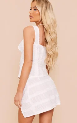 White Textured Chiffon Frill Tie Front Long Top