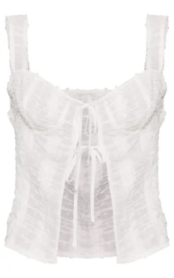 White Textured Chiffon Frill Tie Front Long Top