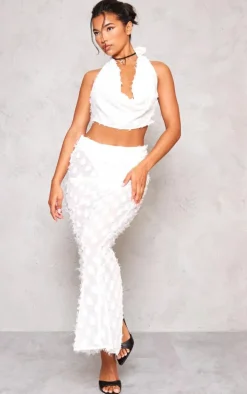 White Textured Chiffon Low Rise Maxi Skirt