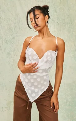 White Textured Chiffon Pointed Hem Cowl Long Top