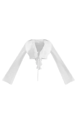 White Textured Chiffon Ruffle Tie Front Blouse