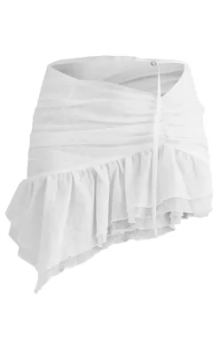 White Textured Chiffon Ruffle Hem Mini Skirt