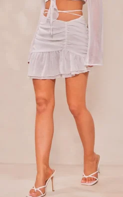 White Textured Chiffon Ruched Ruffle Mini Skirt