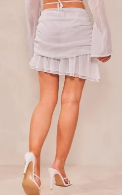 White Textured Chiffon Ruched Ruffle Mini Skirt
