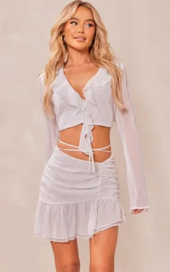 White Textured Chiffon Ruched Ruffle Mini Skirt