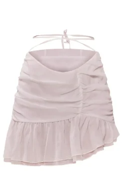 White Textured Chiffon Ruched Ruffle Mini Skirt