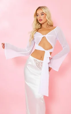 White Textured Chiffon Striped Twist Front Waist Tie Flare Sleeve Shirt