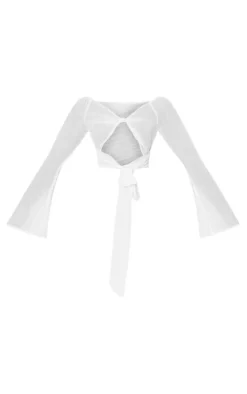 White Textured Chiffon Striped Twist Front Waist Tie Flare Sleeve Shirt