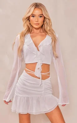 White Textured Chiffon Tie Front Floaty Ruffle Blouse