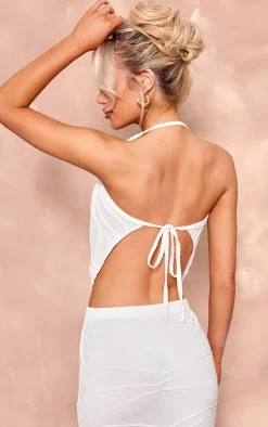 White Textured Cowl Neck Top