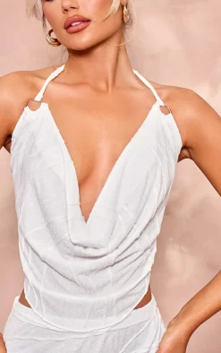 White Textured Cowl Neck Top