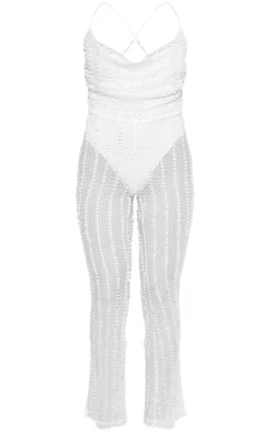 White Textured Cowl Strappy Flare Leg Jumpsuit