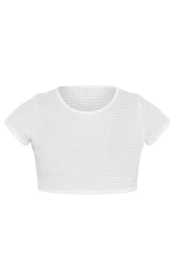 White Textured Crew Neck Crop Top