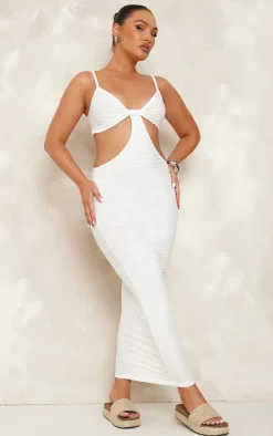 White Textured Cut Out Knot Detail Strappy Midaxi Dress