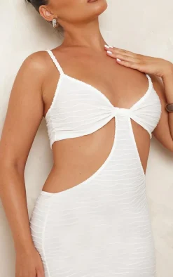 White Textured Cut Out Knot Detail Strappy Midaxi Dress