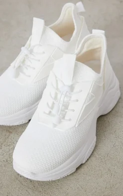 White Textured Drawstring Lace Sneakers