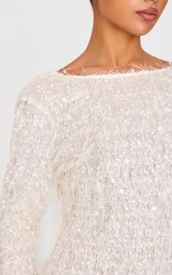 White Textured Eyelash Long Sleeve Cowl Back Bodycon Dress