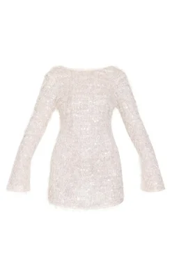 White Textured Eyelash Long Sleeve Cowl Back Bodycon Dress