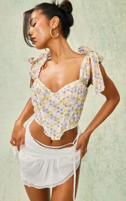 White Textured Floral Bow Strap Crop Top
