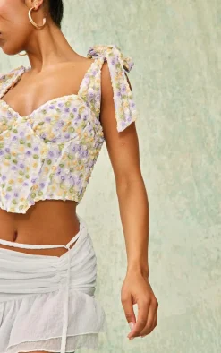 White Textured Floral Bow Strap Crop Top