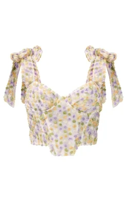 White Textured Floral Bow Strap Crop Top