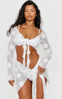 White Textured Flower Trim Tie Front Beach Top