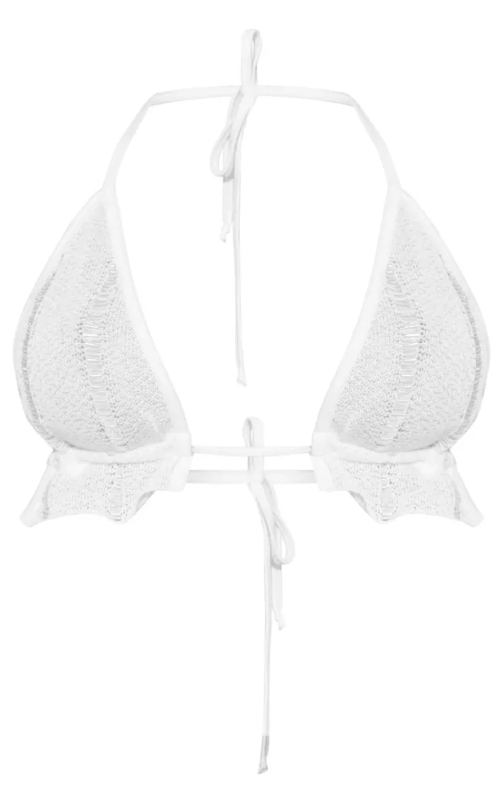 White Textured Halterneck Ruffled Crop Top