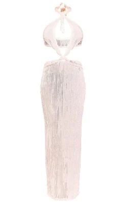 White Textured Halterneck Cross Front Maxi Dress