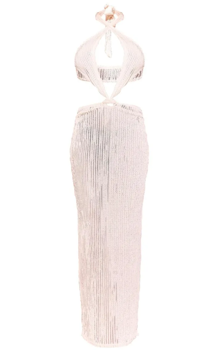 White Textured Halterneck Cross Front Maxi Dress